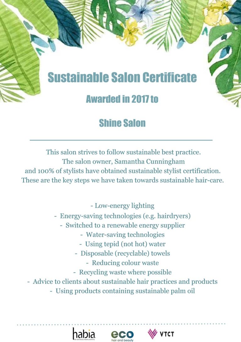 Salon Certificate – eco hair and beauty